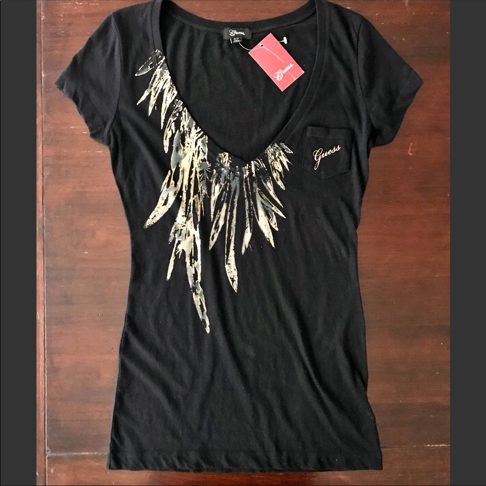 NWT GUESS Black Gold Feather Embellished Tee - S